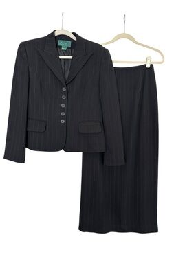 Y2K Lauren Ralph Lauren Wool Black Pinstripe Skirt Suit Set Size 6 Career Core